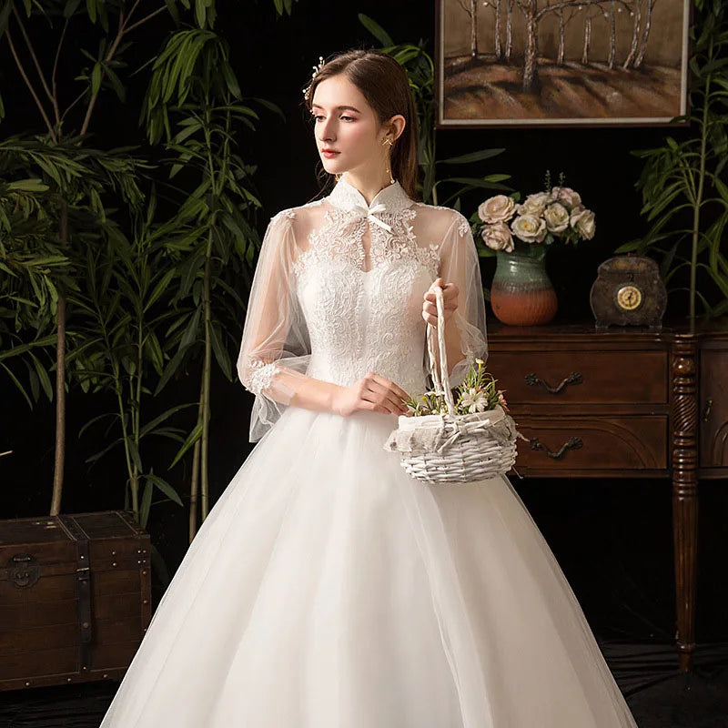 GIYSILE Wedding Dresses Large Size Evening Dress Korean Style Quarter Sleeved Flared Sleeve Temperament Main Wedding White Dress