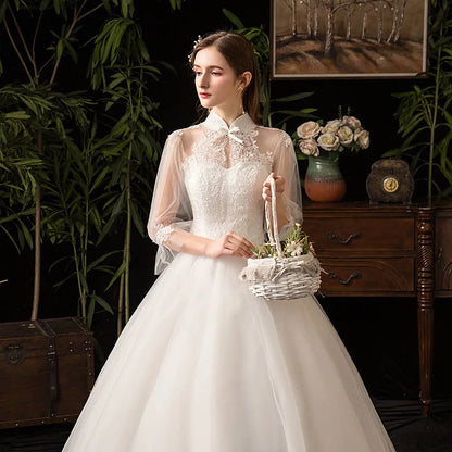 GIYSILE Wedding Dresses Large Size Evening Dress Korean Style Quarter Sleeved Flared Sleeve Temperament Main Wedding White Dress