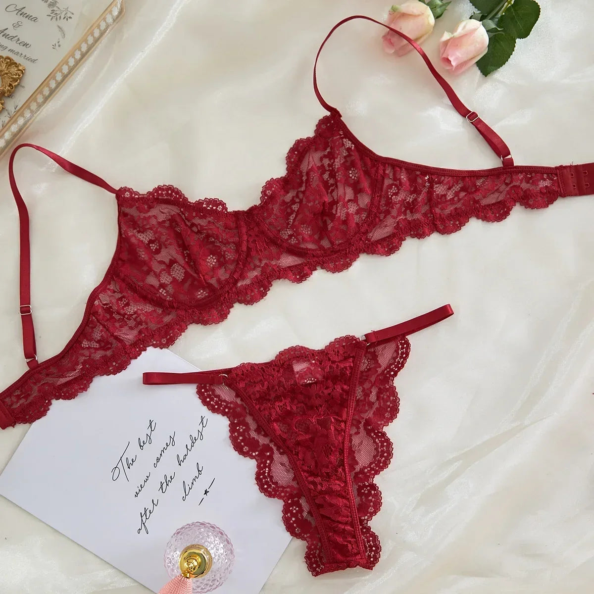 Sexy Strap Lace Perspective Fun Lingerie Set Women's Sweet Floral Lace Decor Bra and Panty Set Female French Style Intimates Set