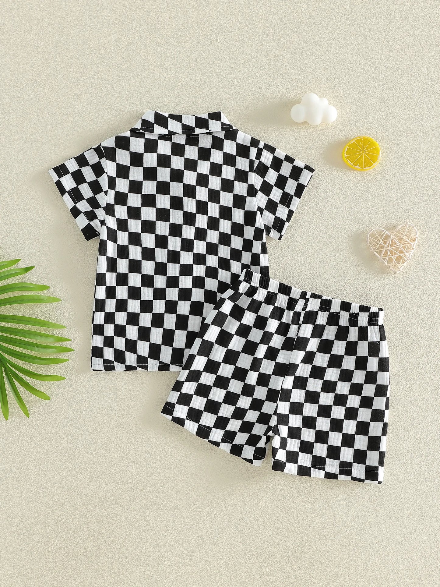 Toddler Baby Boys Summer Outfit Fashionable Plaid Short Sleeve Lapel Shirt with Shorts 2Pcs Set