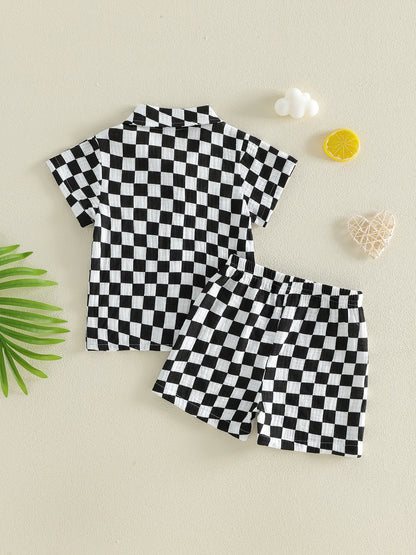 Toddler Baby Boys Summer Outfit Fashionable Plaid Short Sleeve Lapel Shirt with Shorts 2Pcs Set