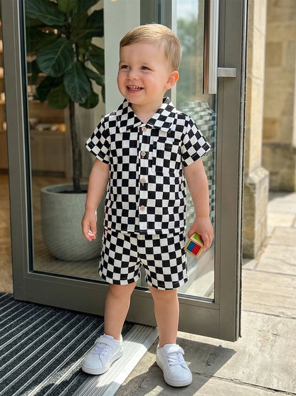Toddler Baby Boys Summer Outfit Fashionable Plaid Short Sleeve Lapel Shirt with Shorts 2Pcs Set