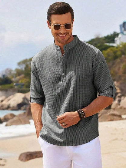 Men's Short Sleeve Henley Shirt, Striped Waffle Knit, Lightweight & Breathable for Summer Casual Wear