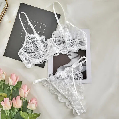 Sexy Strap Lace Perspective Fun Lingerie Set Women's Sweet Floral Lace Decor Bra and Panty Set Female French Style Intimates Set