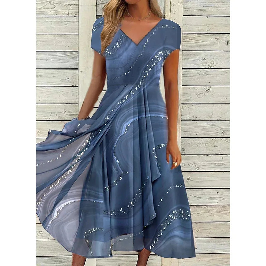 2025 Women's Dress Casual Fashion Office Patchwork Summer Midi V-Neck Women Swear Sweet Dresses For WomenClothes Vestidos