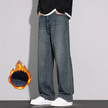 Fleece Jeans Men's Winter Fashion Straight Loose Thick Fleece Trousers Casual Vintage Streetwear Male Warm Plush Denim Pants