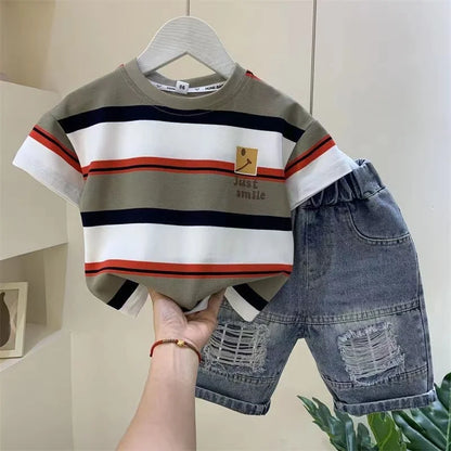 Boys Summer 2026 New Boutique Design Outfits Cotton Set Baby Boys Short Sleeve Shirt Jeans Shorts 2pcs Clothing Children 6 7 8Y