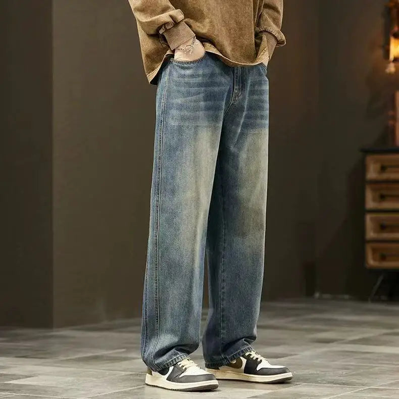 American Retro Waed Denim Jeans Men's Trendy High Street Loose Straight Leg Dra Wide Leg Pants Spring Autumn Casual Lon...