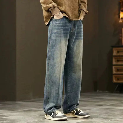 American Retro Waed Denim Jeans Men's Trendy High Street Loose Straight Leg Dra Wide Leg Pants Spring Autumn Casual Lon...