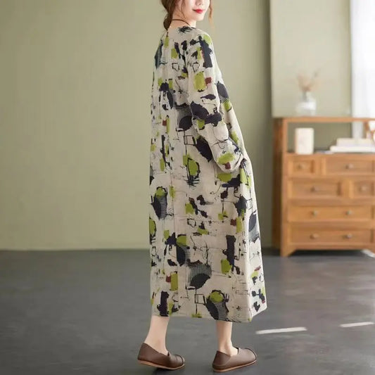 Women's Clothing Vintage Ethnic Style Print Harajuku Casual Dresses Spring Autumn Fashion Long Sleeve Oversized Midi Dress Robe