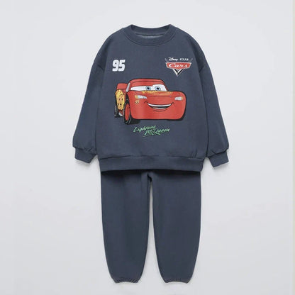 Boys Child Long-sleeved Tracksuits Cartoon Car Print Hoodies+Sweatpants Autumn Clothing Crewneck Tops Loose Pants Kids 2pcs