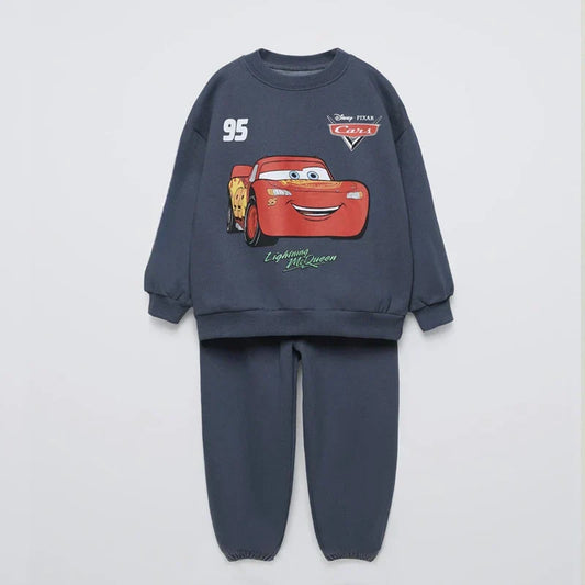 Boys Child Long-sleeved Tracksuits Cartoon Car Print Hoodies+Sweatpants Autumn Clothing Crewneck Tops Loose Pants Kids 2pcs