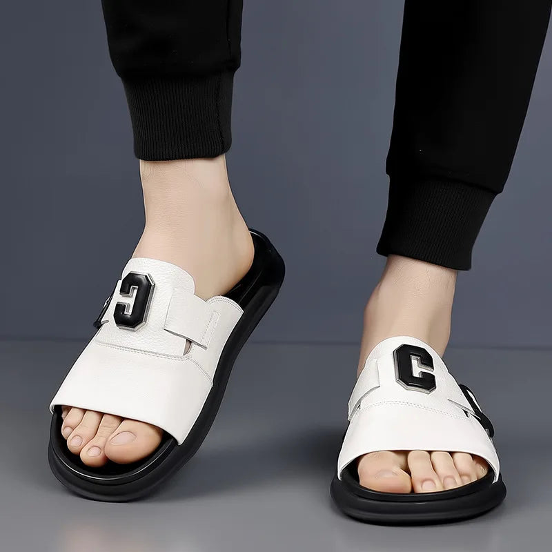 Men Outwear Genuine Leather Slippers for Men Fashion Buckle Designer Summer Flip-flops Male Casual Non-slip Beach Shoes Man