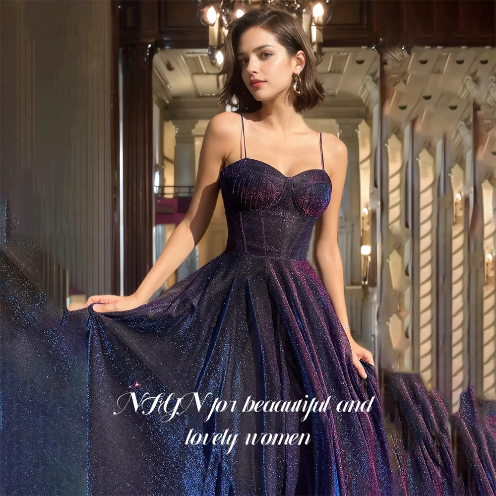 NFYN Purple A-LINE Formal Prom Gown Sequin Sweetheart Women's Evening Dresses Spaghetti Strap Pleat Celebrity Dresses Customized