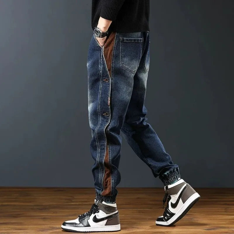 Autumn Men Trendy American Vintage Patchwork Loose Denim Cargo Pants Y2K Casual Streetwear Pockets Baggy Jeans Pantalones Hombre