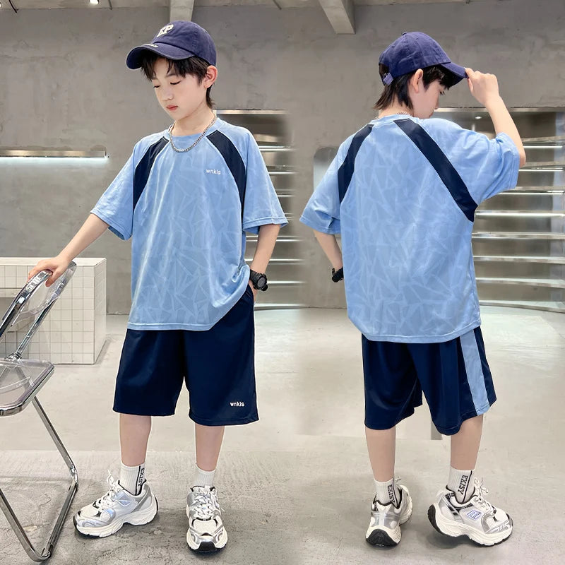 Boys Clothes Sets Summer Kids Sport Short Sleeve T-shirt + Shorts 2 Pieces Suit Teenage Child Outfits For 5 6 8 10 12 14 Years