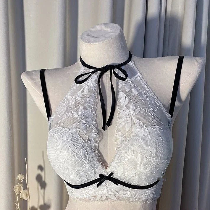 French Lace Halter Neck Bra for Women Sexy Backless Design No Steel Ring Breathable Underwear with Bow Ribbon Collarbone Chain