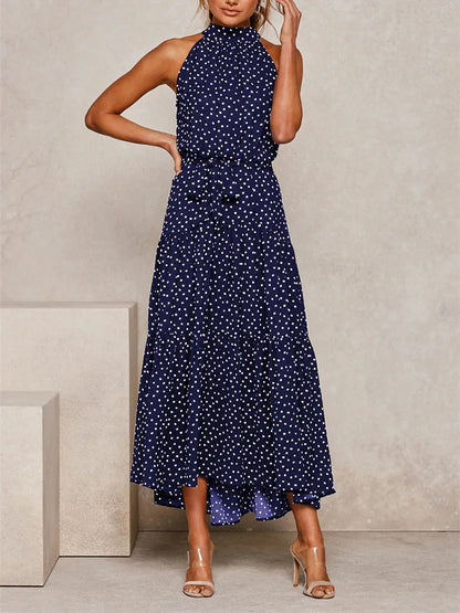 Boho Long Dress Women Flower Print Retro Party Dresses Female Shoulderless Lace Up Sleeveless Halter Summer Vintage Maxi Dress
