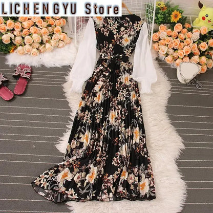 Sweet Style Long Dresse For Women Print Patchwork Pleated Long-sleeve High Waist Dresses Spring Summer New