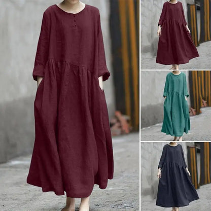 Women Cotton Linen Asymmetrical Loose Long Dress Autumn O-neck Long Sleeve Pocket Baggy Party Dresses JYFS-HS6144