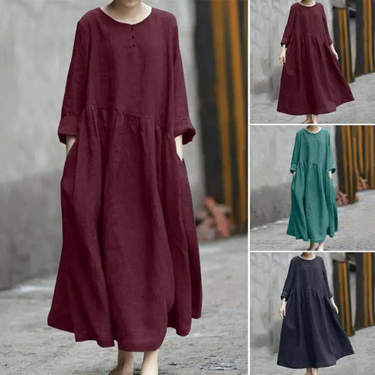 Women Cotton Linen Asymmetrical Loose Long Dress Autumn O-neck Long Sleeve Pocket Baggy Party Dresses JYFS-HS6144