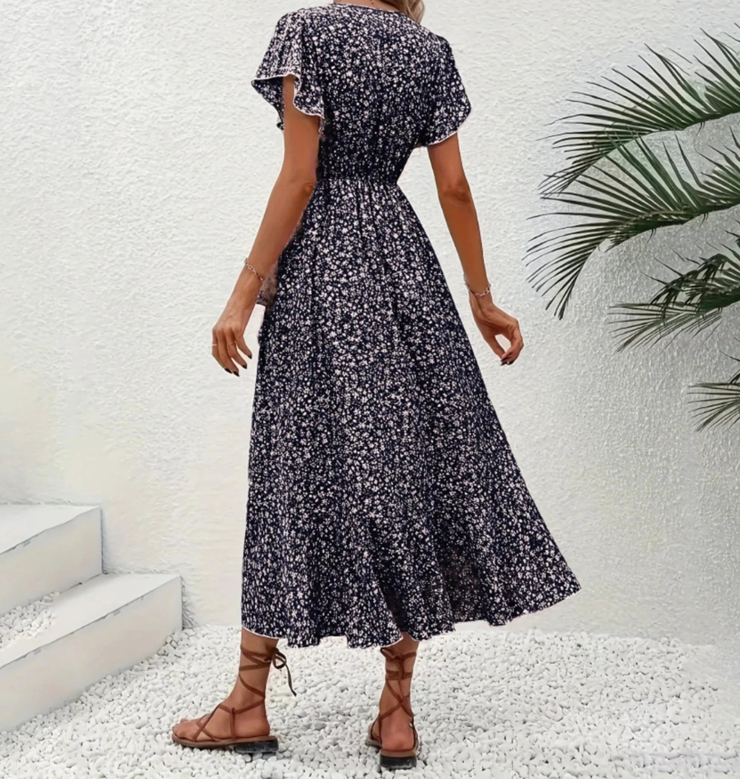 Women's Summer Flower Print Ruffle Dress Fashion Elegant Short Sleeve Wrap V Neck Tie Side Dresses