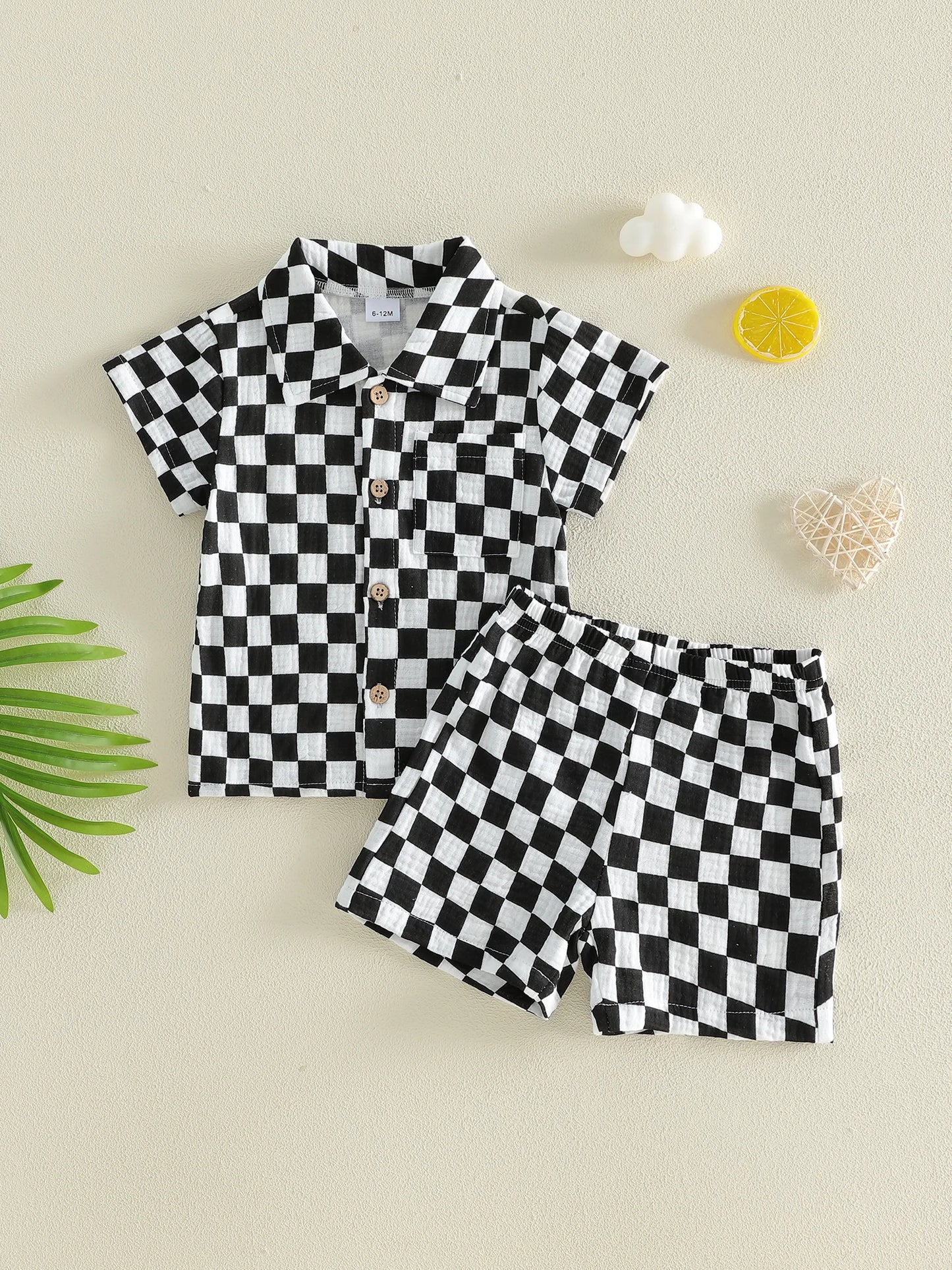 Toddler Baby Boys Summer Outfit Fashionable Plaid Short Sleeve Lapel Shirt with Shorts 2Pcs Set