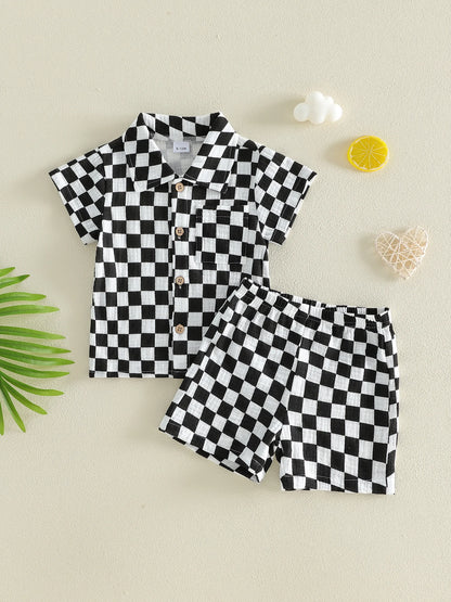 Toddler Baby Boys Summer Outfit Fashionable Plaid Short Sleeve Lapel Shirt with Shorts 2Pcs Set