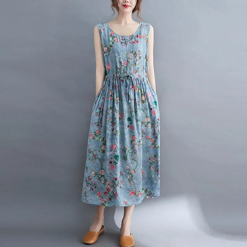 Women Summer Sleeveless Casual Dress New Arrival Vintage Style Floral Print Loose Cotton Linen Female Long Dresses V1069