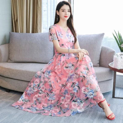 Summer Floral Dr V-Ne ort Sve Low Waist Ele Sle Ms F Casual Ciwalk Dr for Middle-Aged Women