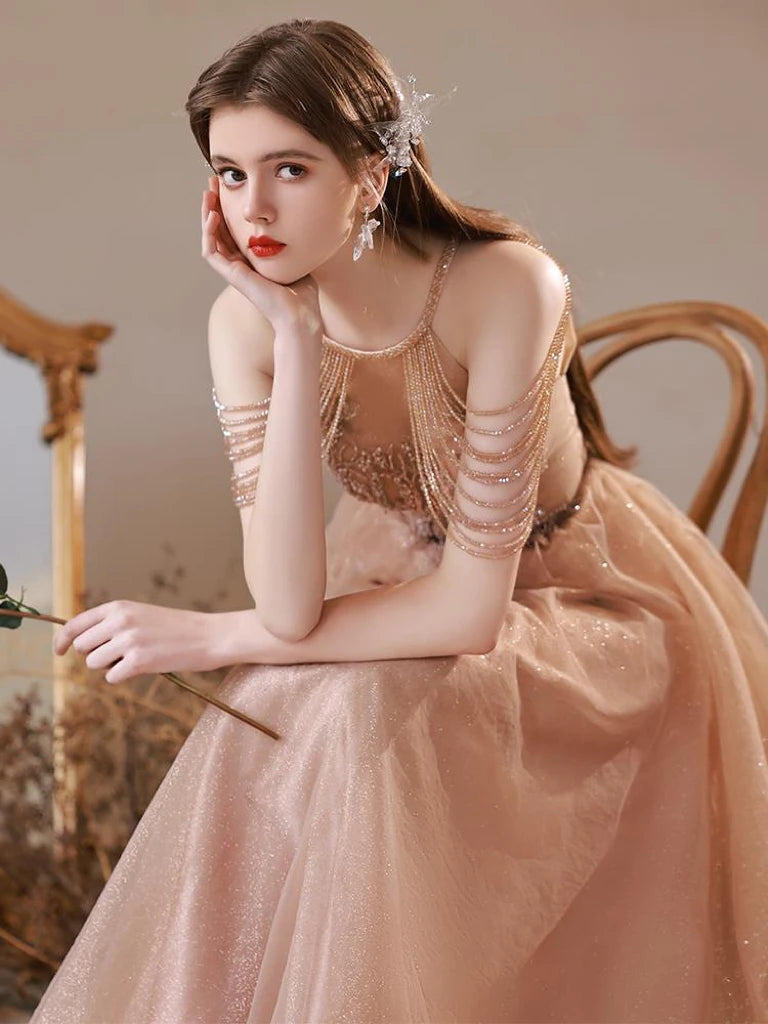 Elegant Champagne Gold Appliques Sleeveless Beaded Tassel Lace-Up A-Line Long Maxi Evening Gown Celebrity Wedding Party Dress