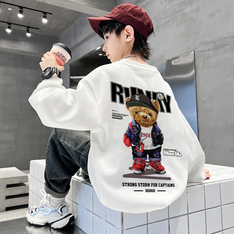 Boys Cartoon Bear Sweatshirts Loose Sports Round Neck Tops New Spring Autumn Clothing Toddler Trendy Printed Long-sleeved Hoodie