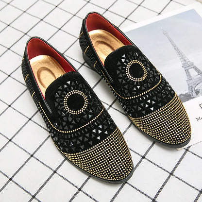 Brand Noble Black Rhinestone Men Dress Shoes Velvet Crystal Luxury Moccasins Mens Loafers Office Business Party Man casual Shoes