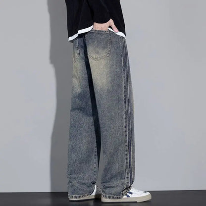 Elastic Loose Straight Jeans Men's Wide Legged Denim Pants Casual Trousers Korean Style Sportswear Clothing Jeans Men Pants