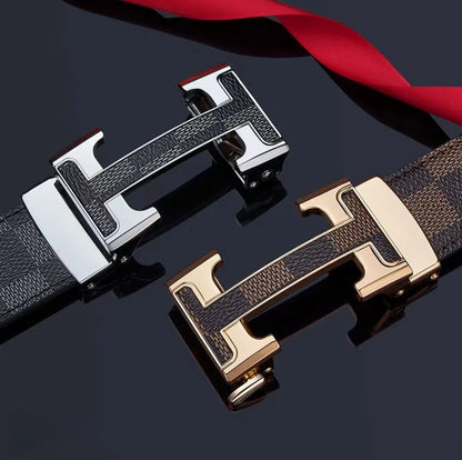 Check Pattern Leather Belt Automatic Buckle Young Fashion Casual Belt Trendy Ins Top Grain Cowhide High End Business