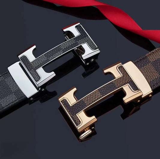 Check Pattern Leather Belt Automatic Buckle Young Fashion Casual Belt Trendy Ins Top Grain Cowhide High End Business