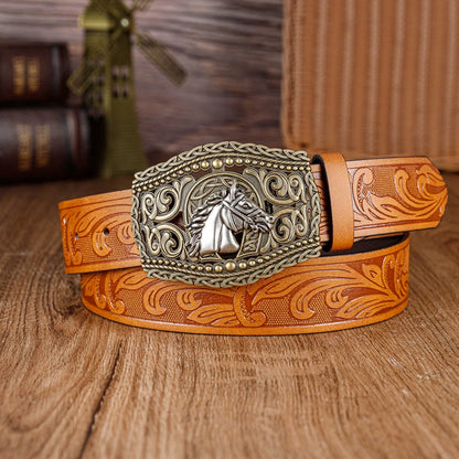 The hollowed-out lace horse-head large board buckle PU embossed belt is a trendy, fashionable and versatile belt