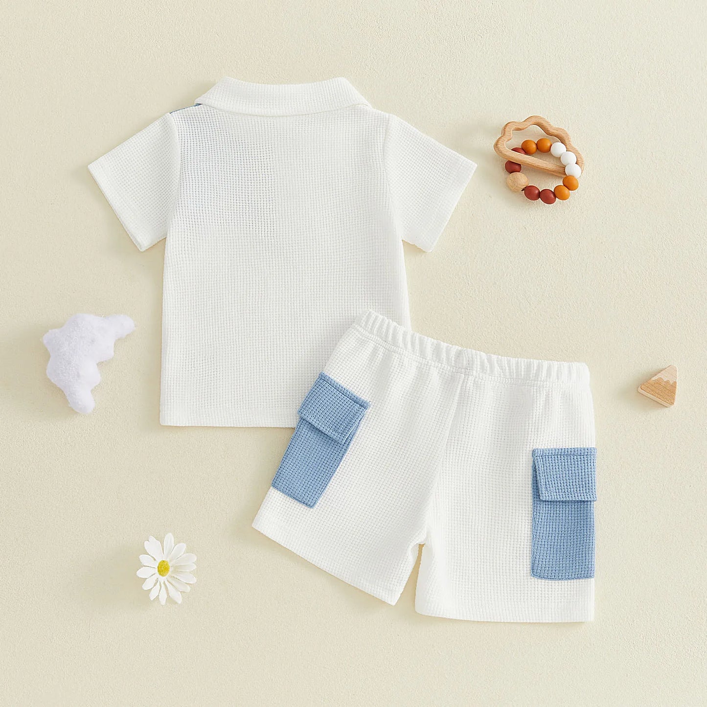 Toddler Baby Boy Summer Outfit Contrast Short Sleeve Collared Shirts Cargo Shorts 2 Piece Boys Waffle Clothing Set