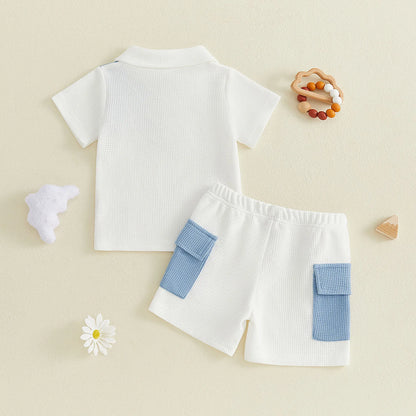Toddler Baby Boy Summer Outfit Contrast Short Sleeve Collared Shirts Cargo Shorts 2 Piece Boys Waffle Clothing Set
