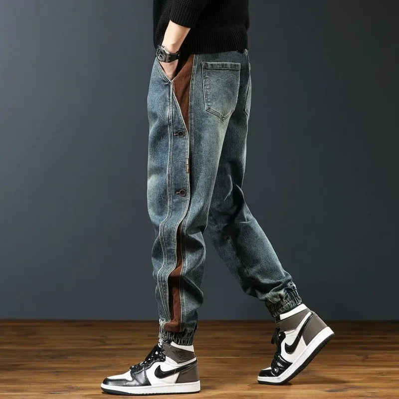 Autumn Men Trendy American Vintage Patchwork Loose Denim Cargo Pants Y2K Casual Streetwear Pockets Baggy Jeans Pantalones Hombre
