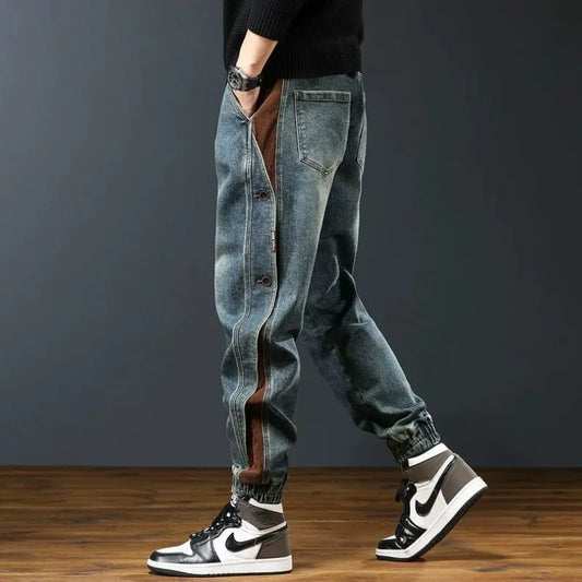 Autumn Men Trendy American Vintage Patchwork Loose Denim Cargo Pants Y2K Casual Streetwear Pockets Baggy Jeans Pantalones Hombre