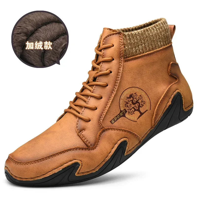 Winter Leather Men Boots with Fur Warm Snow Boots Men Comfort Casual Shoes Sneakers High Top Western Ankle Boot zapatillas male