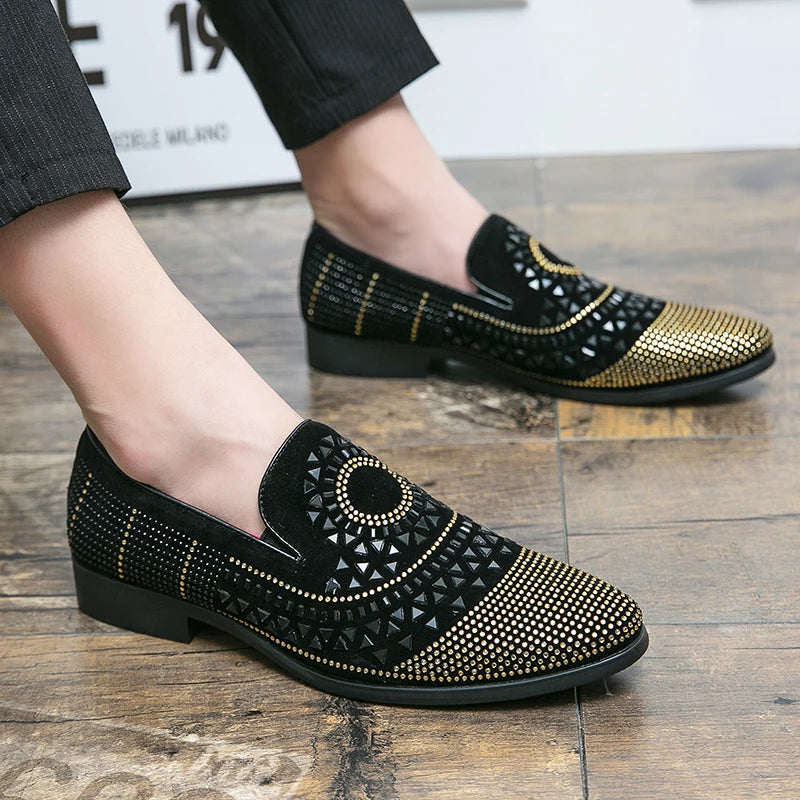 Brand Noble Black Rhinestone Men Dress Shoes Velvet Crystal Luxury Moccasins Mens Loafers Office Business Party Man casual Shoes