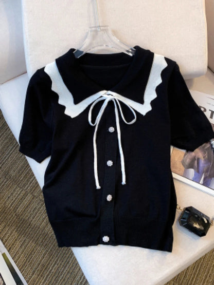 Elegant Short Sleeve Sweater with Lace Up Contrast Trim - Women's Clothing