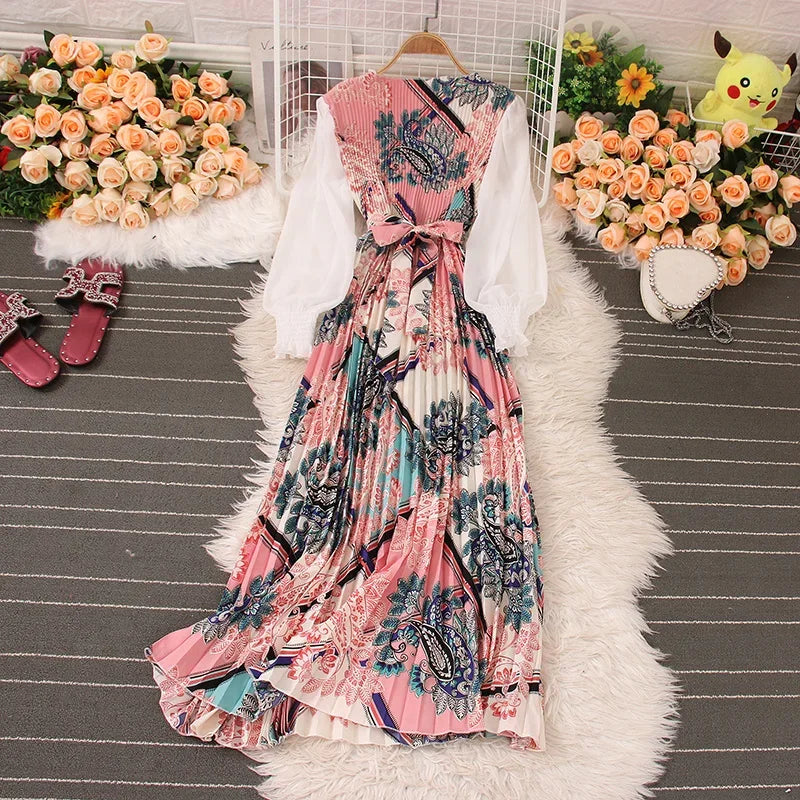 Sweet Style Long Dresse For Women Print Patchwork Pleated Long-sleeve High Waist Dresses Spring Summer New