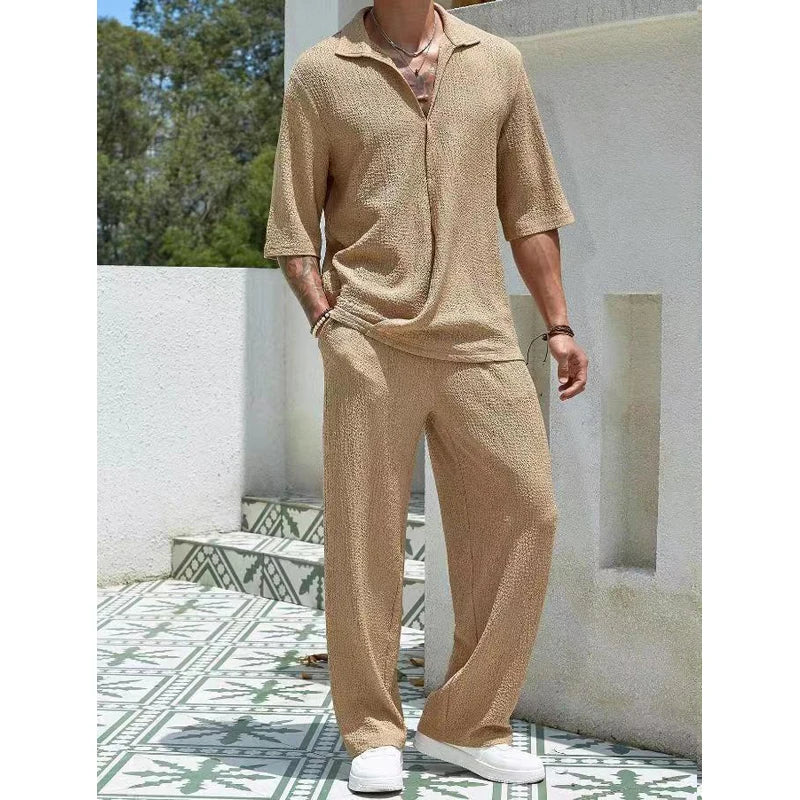Men's Summer Fashion Loose Men Suit Solid Half Sleeved T-shirt And Pants Water Wave Wrinkles Two-piece Set For Male Outfits