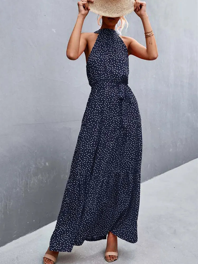 Boho Long Dress Women Flower Print Retro Party Dresses Female Shoulderless Lace Up Sleeveless Halter Summer Vintage Maxi Dress