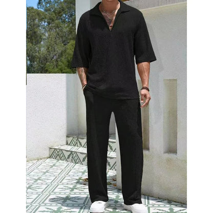 Men's Summer Fashion Loose Men Suit Solid Half Sleeved T-shirt And Pants Water Wave Wrinkles Two-piece Set For Male Outfits