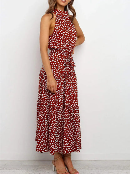 Boho Long Dress Women Flower Print Retro Party Dresses Female Shoulderless Lace Up Sleeveless Halter Summer Vintage Maxi Dress