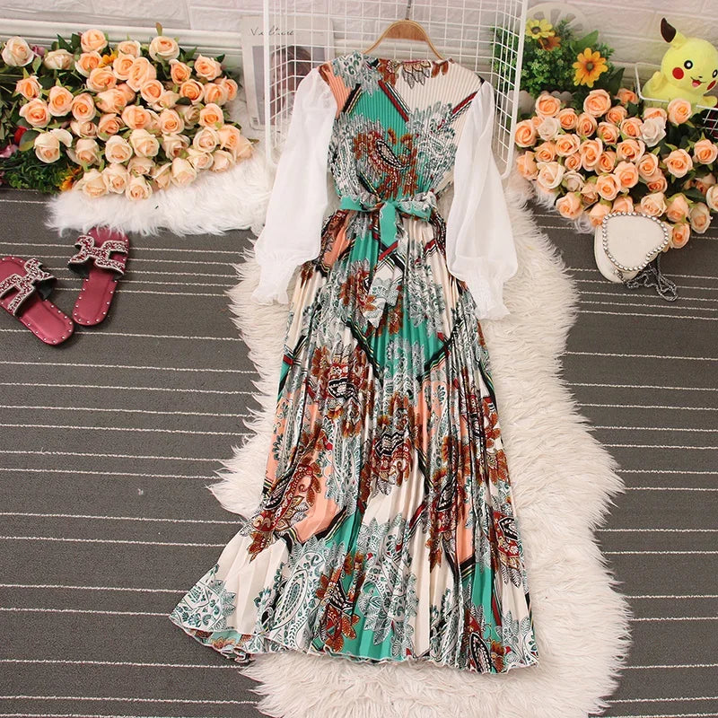 Sweet Style Long Dresse For Women Print Patchwork Pleated Long-sleeve High Waist Dresses Spring Summer New
